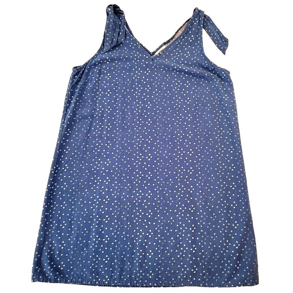 A.N.A Blue Polka‎ Dot Sleeveless Dress L Cotton Linen Blend Casual Summer Party